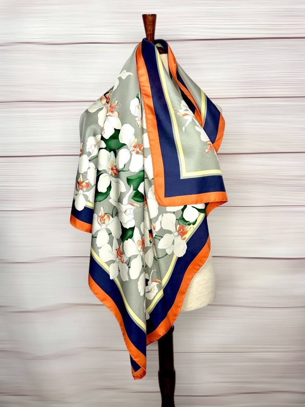 Valentino Twill Silk Scarf Gray with White Orchids